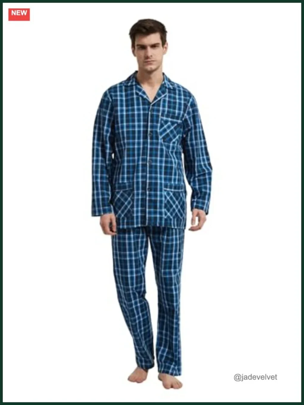 Men's 100% Cotton Long Sleeve Pajama Set with Drawstring Waist & Fly